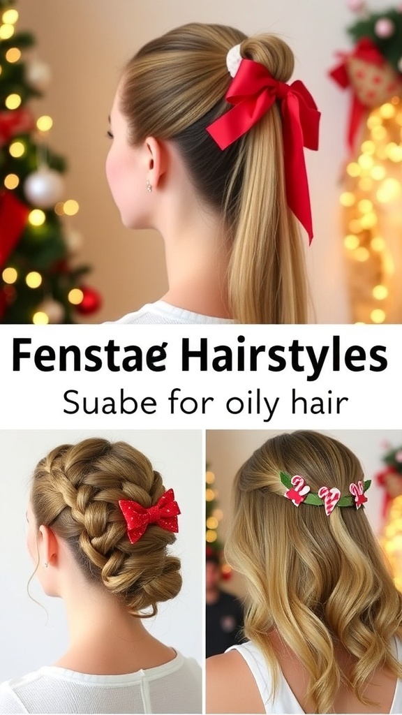 Collage of Christmas hairstyles: sleek ponytail with ribbon, braided updo with pins, and half-up style with waves.